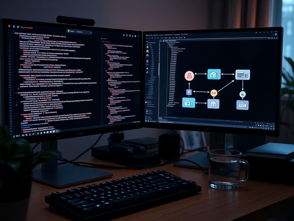 Developer's dual-screen workstation with code and API endpoint diagram