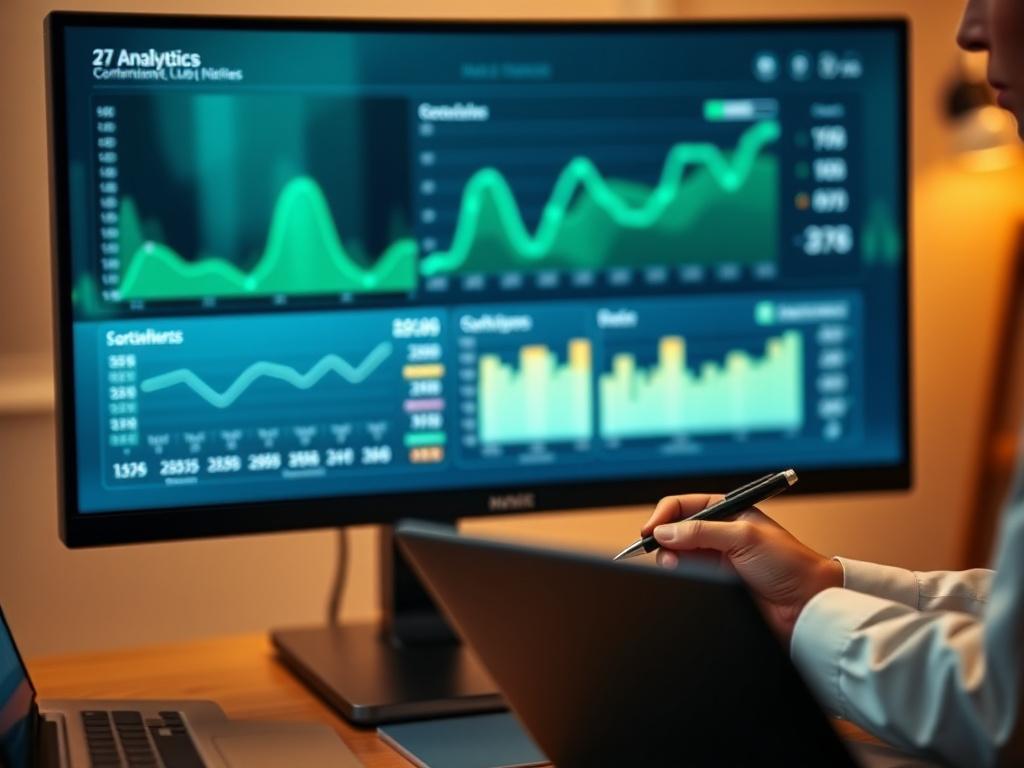 Conversion analytics dashboard on a monitor with strategist taking notes