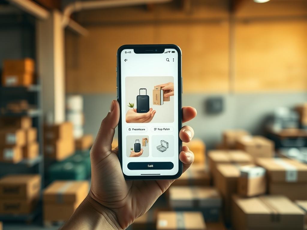 Mobile eCommerce mockup in hand at a Malaysian fulfilment workshop