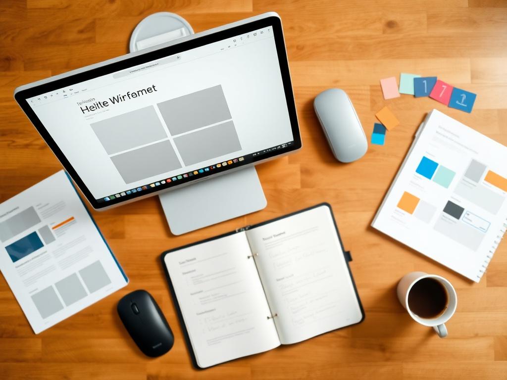 Designer's desk with wireframes and a notebook