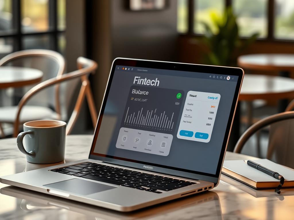 Fintech client website mockup shown on a laptop in a Kuala Lumpur cafe