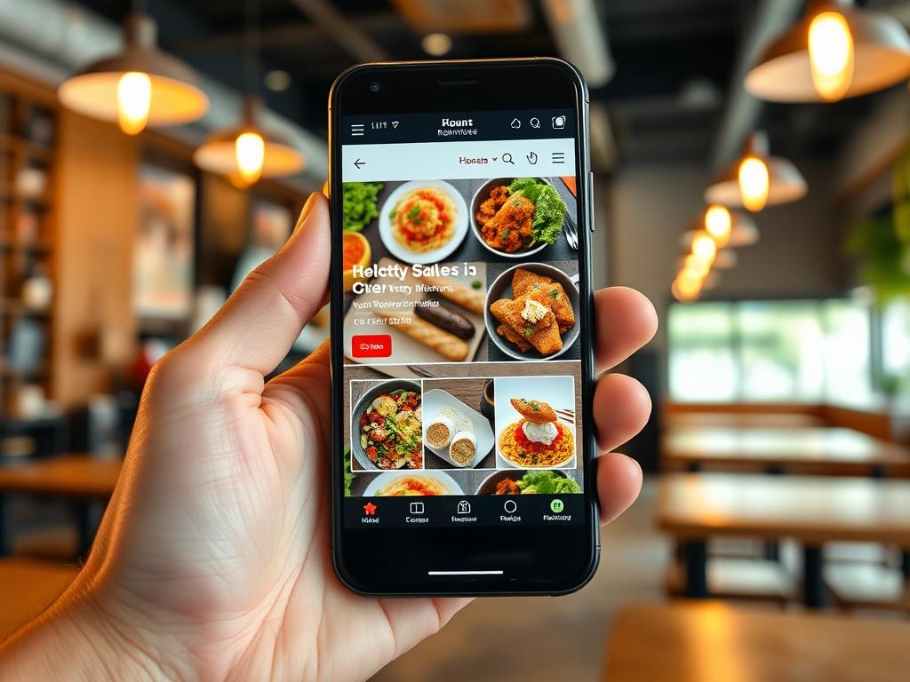 F&B online ordering mockup on a smartphone with Malaysian cafe background