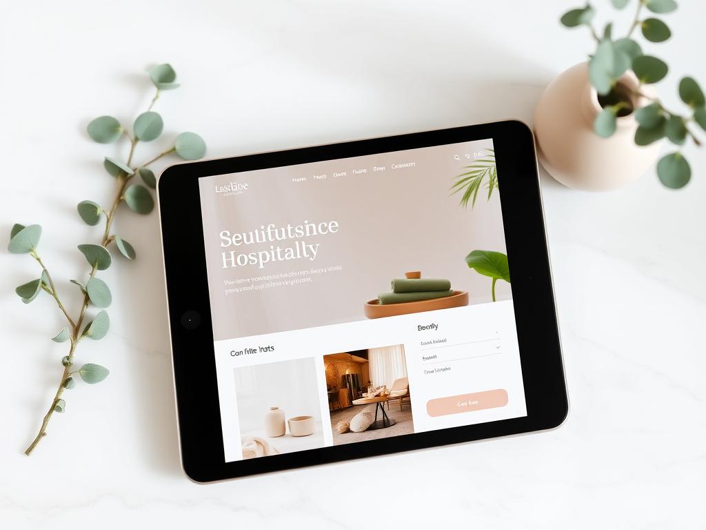 Hospitality booking mockup on tablet with marble surface and eucalyptus