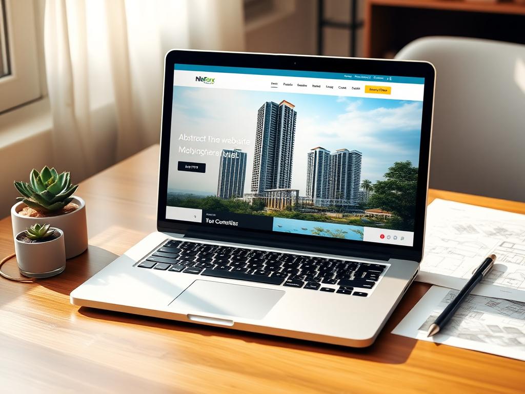 Property listings website mockup with abstract condominium tower imagery on a laptop